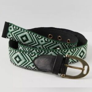 Free People Woven Geometric Belt Green & Black Leather Cotton XL/LG